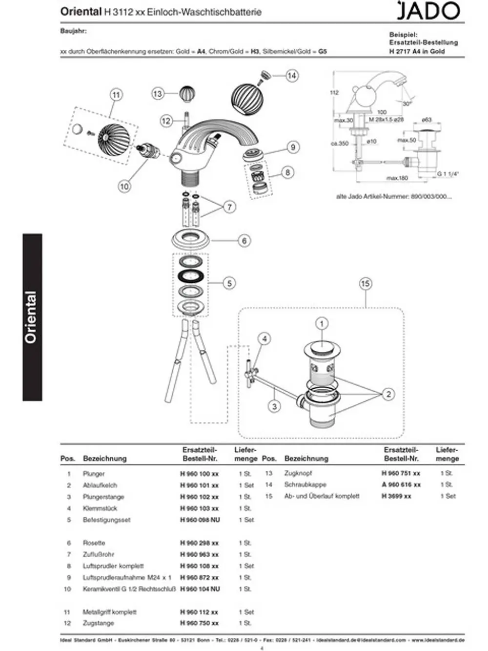 Schematische Darstellung einer JADO Waschtischbatterie mit Ersatzteilliste und Montageanleitung, bereitgestellt von Ideal Standard.